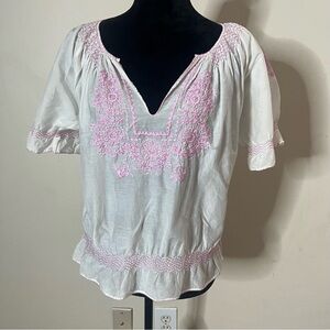 Women’s CJ LAING Emma White /Pink Embroidered Silk/Cotton‎ V-Neck Boho Top Sz M